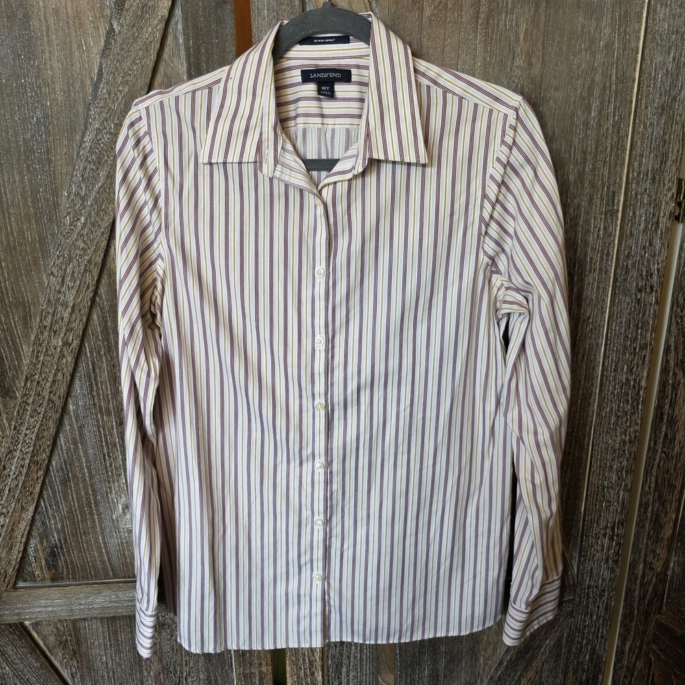 Lands' End Shirt Women's Size 10T White Maroon Gold Stripes Button Up No Iron
